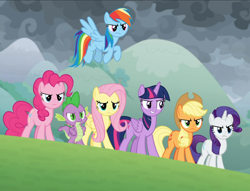 Size: 1228x938 | Tagged: safe, derpibooru import, screencap, applejack, fluttershy, pinkie pie, rainbow dash, rarity, spike, twilight sparkle, twilight sparkle (alicorn), alicorn, dragon, earth pony, pegasus, pony, unicorn, the ending of the end, cropped, determined, flying, group, mane seven, mane six, smiling, winged spike