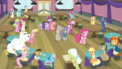 Size: 1600x900 | Tagged: safe, derpibooru import, screencap, applejack, bon bon, bulk biceps, cheerilee, cranky doodle donkey, cup cake, daisy, doctor whooves, flower wishes, fluttershy, golden crust, granny smith, lily, lily valley, lyra heartstrings, matilda, maud pie, midnight snack (character), mudbriar, pinkie pie, rainbow dash, roseluck, spike, sunburst, sweetie drops, twilight sparkle, twilight sparkle (alicorn), alicorn, dragon, earth pony, pegasus, pony, a trivial pursuit, angry, bell, ceiling light, crowd, curtains, disappointed, door, female, friendship student, levitation, magic, male, notepad, podium, sad, scroll, table, telekinesis, unamused, upset