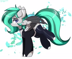 Size: 2048x1672 | Tagged: safe, artist:hydrargyrum, oc, oc only, pegasus, pony, clothes, ear piercing, earring, jewelry, lidded eyes, piercing, socks, solo, suit, thigh highs, unamused