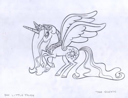 Size: 744x572 | Tagged: safe, artist:lauren faust, princess celestia, alicorn, pony, alternate hairstyle, cloven hooves, concept art, monochrome, solo, traditional art