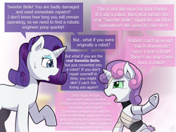 Size: 1000x750 | Tagged: safe, artist:vavacung, rarity, sweetie belle, sweetie bot, pony, robot, robot pony, unicorn, cute, destabilize, female, heartwarming