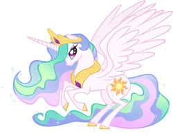 Size: 696x549 | Tagged: safe, artist:janice, artist:lauren faust, color edit, edit, princess celestia, alicorn, pony, cloven hooves, colored, colored hooves, concept art, female, mare, rearing, simple background, solo, spread wings, traditional art, vector, white background, wings