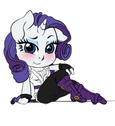 Size: 1071x1175 | Tagged: safe, artist:pia-sama, rarity, anthro, unicorn, blushing, boots, breasts, chibi, clothes, fingerless gloves, gloves, looking at you, raritits, shoes, simple background, socks, stockings, thigh highs, white background