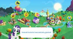 Size: 1024x551 | Tagged: safe, rarity, pony, unicorn, canterlot, dialogue, fabulous, gameloft, grin, mine, smiling