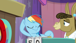 Size: 1920x1080 | Tagged: safe, derpibooru import, screencap, matilda, rainbow dash, donkey, pegasus, pony, a trivial pursuit, bell