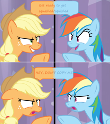 Size: 1600x1802 | Tagged: safe, derpibooru import, edit, edited screencap, screencap, applejack, rainbow dash, earth pony, pegasus, pony, a trivial pursuit, angry, copying, dialogue, rivalry, speech bubble, split screen, upset