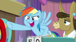 Size: 1280x720 | Tagged: safe, derpibooru import, screencap, matilda, rainbow dash, donkey, pegasus, pony, a trivial pursuit, bell