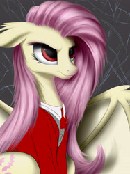 Size: 4320x5762 | Tagged: safe, artist:aurelleah, fluttershy, bat pony, pony, absurd resolution, alushy, badass, clothes, flutterbadass, flutterbat, race swap, solo, wip