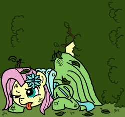 Size: 640x600 | Tagged: safe, artist:ficficponyfic, color edit, edit, fluttershy, oc, oc:emerald jewel, alternate color palette, bruised, bush, clothes, color, colored, colt, colt quest, crossdressing, dress, escape, femboy, flower, flower in hair, foal, hedge, hedge maze, male, recolor, solo, tired, tongue out, trap, twig