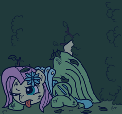 Size: 640x600 | Tagged: safe, artist:ficficponyfic, color edit, edit, edited edit, fluttershy, oc, oc:emerald jewel, alternate color palette, bruised, bush, clothes, color, colored, colt, colt quest, crossdressing, dress, escape, femboy, flower, flower in hair, foal, hedge, hedge maze, male, night, recolor, solo, tired, tongue out, trap, twig