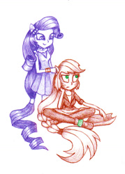 Size: 876x1223 | Tagged: safe, artist:maran-zelde, applejack, rarity, equestria girls, brush, brushing, eared humanization, female, humanized, lesbian, ponied up, rarijack, shipping