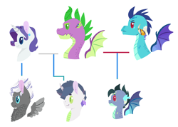 Size: 1616x1148 | Tagged: safe, artist:onedayhm, princess ember, rarity, spike, oc, oc:agate, oc:broken jewel, oc:timotheo ruby, dracony, dragon, hybrid, pegasus, pony, unicorn, chest fluff, divorced, dragon oc, emberspike, family tree, female, horn ring, interspecies offspring, male, mare, offspring, older, older spike, parent:princess ember, parent:rarity, parent:spike, parent:unknown, parents:emberspike, parents:sparity, shipping, simple background, stallion, straight, white background, winged spike