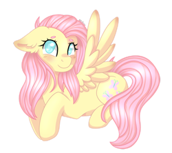 Size: 1800x1600 | Tagged: safe, artist:adostume, fluttershy, pegasus, pony, blushing, floppy ears, looking at you, lying down, prone, simple background, solo, spread wings, transparent background, wings