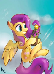 Size: 1700x2338 | Tagged: safe, artist:alexandrvirus, fluttershy, pegasus, pony, floating, flower, holding, looking at something, pot, potted plant, sky, smiling, solo, spread wings