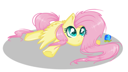 Size: 2768x1560 | Tagged: safe, artist:coolmoonxx, fluttershy, pegasus, pony, chibi, clumsy, fallen, looking up, lying down, simple background, solo, spread wings