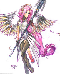 Size: 816x999 | Tagged: safe, artist:rikkitz, fluttershy, anthro, unguligrade anthro, crossover, mercy, mercyshy, overwatch, traditional art