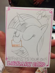 Size: 768x1024 | Tagged: safe, artist:andypriceart, derpibooru import, twilight sparkle, library card, mouth hold, peanuts, sketch, solo, traditional art
