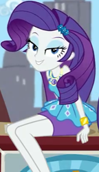 Size: 235x408 | Tagged: safe, screencap, rarity, best trends forever, better together, equestria girls, bracelet, cropped, female, geode of shielding, jewelry, legs, lidded eyes, looking at you, pencil skirt, sexy, she knows, sitting, smiling, solo