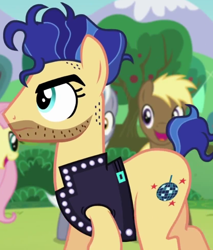 Size: 828x972 | Tagged: safe, screencap, coco crusoe, fluttershy, royal riff, earth pony, pegasus, pony, the mane attraction, background pony, backup dancers, beard, clothes, disco fever, facial hair, jacket, leather jacket, male, solo focus, stallion