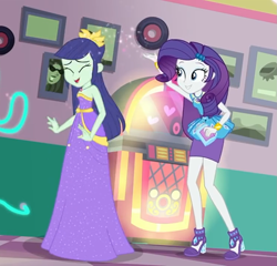 Size: 1123x1079 | Tagged: safe, screencap, blueberry cake, rarity, better together, equestria girls, pinkie pie: snack psychic, background human, clothes, cropped, dress, eyes closed, female, high heels, shoes, skirt, smiling, sparkles