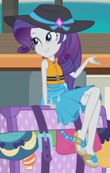 Size: 1336x2100 | Tagged: safe, screencap, rarity, better together, equestria girls, the salty sails, clothes, cropped, crossed legs, cute, feet, flip-flops, hat, legs, lifejacket, raribetes, sandals, sarong, sexy, solo, sun hat, swimsuit