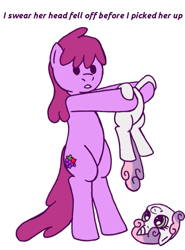 Size: 463x626 | Tagged: safe, artist:skoon, edit, berry punch, berryshine, sweetie belle, pony, artifact, bipedal, blatant lies, dumb head, headless, modular, simple background