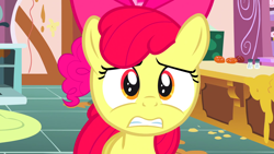 Size: 1920x1080 | Tagged: safe, screencap, apple bloom, pinkie pie, pony, call of the cutie, gritted teeth, kitchen, scared, solo focus, sugarcube corner, sugarcube corner (interior), worried