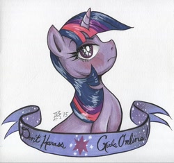 Size: 600x565 | Tagged: safe, artist:d0nkarnage, twilight sparkle, banner, feminism, feminist ponies, mouthpiece, solo, subversive kawaii, traditional art