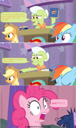 Size: 1366x2312 | Tagged: safe, derpibooru import, edit, edited screencap, screencap, applejack, granny smith, pinkie pie, rainbow dash, twilight sparkle, twilight sparkle (alicorn), alicorn, earth pony, pegasus, pony, a trivial pursuit, book, bowtie, comic, dialogue, disbelief, disqualified, messy, messy mane, podium, pointing, screencap comic, shocked, speech bubble