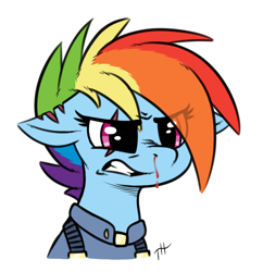 Size: 1450x1500 | Tagged: safe, artist:fakskis, derpibooru import, rainbow dash, pegasus, pony, the cutie re-mark, alternate hairstyle, alternate timeline, apocalypse dash, blood, clothes, crystal empire, crystal war timeline, eye clipping through hair, female, gritted teeth, mare, military uniform, nosebleed, scar, simple background, solo, torn ear, transparent background, uniform