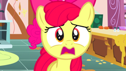 Size: 1920x1080 | Tagged: safe, screencap, apple bloom, pinkie pie, pony, call of the cutie, kitchen, open mouth, scared, solo focus, sugarcube corner, sugarcube corner (interior), worried