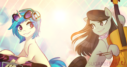 Size: 1600x853 | Tagged: safe, artist:sugarberry, derpibooru import, dj pon-3, octavia melody, vinyl scratch, earth pony, pony, unicorn, cello, duo, grin, headphones, looking at each other, making music, musical instrument, smiling, turntable, wallpaper