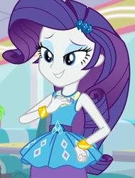 Size: 819x1079 | Tagged: safe, screencap, rarity, better together, equestria girls, pinkie pie: snack psychic, armpits, belt buckle, blue eyes, bracelet, cropped, cutie mark on clothes, diamonds, eyeshadow, female, frilly design, geode of shielding, gold, hairpin, hand on chest, hand on hip, jewelry, pencil skirt, pendant, sleeveless, smiling, solo, solo female