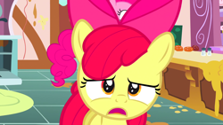 Size: 1920x1080 | Tagged: safe, screencap, apple bloom, pinkie pie, pony, call of the cutie, kitchen, open mouth, sad, solo focus, sugarcube corner, sugarcube corner (interior), worried