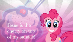 Size: 1024x595 | Tagged: safe, artist:ponyshmirtz, derpibooru import, pinkie pie, earth pony, pony, christianity, drama bait, food, jesus christ, mouthpiece, obligatory pony, religion, solo, sundae, text, vector, wat