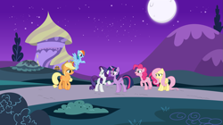 Size: 1707x959 | Tagged: source needed, safe, artist:andoanimalia, artist:cloudyglow, artist:jeatz-axl, artist:jerryakiraclassics19, derpibooru import, applejack, fluttershy, pinkie pie, rainbow dash, rarity, twilight sparkle, twilight sparkle (alicorn), alicorn, earth pony, pegasus, pony, unicorn, canterlot, female, mane six, mare, moon, night, scenery, tree