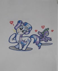 Size: 469x574 | Tagged: safe, artist:hillbe, rarity, spike, dragon, pony, unicorn, blushing, female, heart, male, shipping, sparity, straight, traditional art