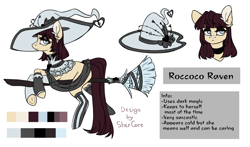 Size: 3903x2290 | Tagged: safe, artist:shercore, oc, oc only, oc:roccoco raven, earth pony, pony, blank flank, bored, broom, choker, clothes, eyeshadow, female, fingerless gloves, gloves, hat, makeup, mare, mismatched socks, reference sheet, simple background, socks, solo, stockings, striped socks, thigh highs, underhoof, white background, witch, witch costume, witch hat