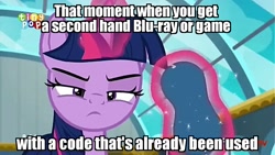 Size: 1265x715 | Tagged: safe, edit, edited screencap, screencap, twilight sparkle, twilight sparkle (alicorn), alicorn, pony, top bolt, angry, image macro, meme, mouthpiece, obligatory pony, sleep mask, solo