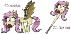 Size: 2017x985 | Tagged: safe, artist:polishcrossoverfan, fluttershy, bat pony, pony, baseball bat, baseball bat pony, flutterbat, know the difference, pun, race swap, visual pun