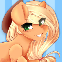 Size: 1500x1500 | Tagged: safe, artist:blowfishartist, applejack, earth pony, pony, freckles, grin, solo