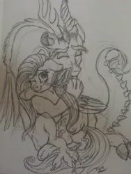 Size: 2448x3264 | Tagged: safe, artist:snowfoxythefox, discord, fluttershy, pegasus, pony, colored pencil drawing, cute, discoshy, female, hug, lineart, male, monochrome, shipping, straight, traditional art