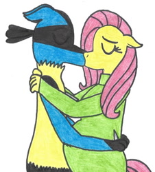 Size: 640x708 | Tagged: safe, artist:misseljebel, fluttershy, oc, oc:bloodfang, anthro, canon x oc, clothes, female, kissing, lucario, male, pokémon, pregnant, shipping, straight, sweater, sweatershy