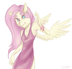 Size: 1224x1168 | Tagged: safe, artist:vautaryt, fluttershy, anthro, armpits, clothes, dress, simple background, solo, spread wings, transparent background, waving