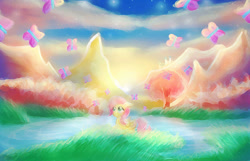 Size: 1594x1025 | Tagged: safe, artist:loveless-nights, fluttershy, butterfly, pegasus, pony, female, filly, folded wings, grass, lake, looking at something, looking up, mountain, outdoors, prone, scenery, sky, smiling, so many wonders, solo, sun, wings