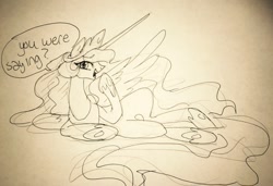 Size: 1280x875 | Tagged: safe, artist:candasaurus, princess celestia, alicorn, pony, dialogue, solo, traditional art