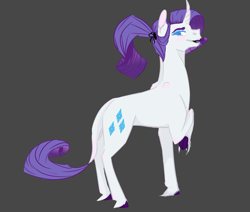 Size: 2600x2200 | Tagged: safe, artist:doghallelujah, rarity, classical unicorn, pony, unicorn, alternate hairstyle, cloven hooves, female, gray background, leonine tail, looking at you, mare, simple background, solo, unshorn fetlocks