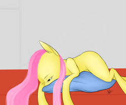Size: 1024x853 | Tagged: safe, artist:aura dawn, fluttershy, pegasus, pony, pillow, simple background, sleepy, solo