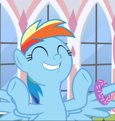 Size: 888x938 | Tagged: safe, derpibooru import, screencap, rainbow dash, pegasus, pony, the ending of the end, cropped, cute, dashabetes, donut, eyes closed, food, hooves in air, smiling, solo, spread wings, wings