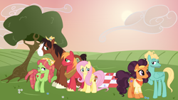 Size: 5760x3240 | Tagged: safe, artist:3d4d, big macintosh, fluttershy, saffron masala, tree hugger, trouble shoes, zephyr breeze, earth pony, pegasus, pony, fluttermac, male, picnic, saffron breeze, shipping, stallion, straight, troublehugger